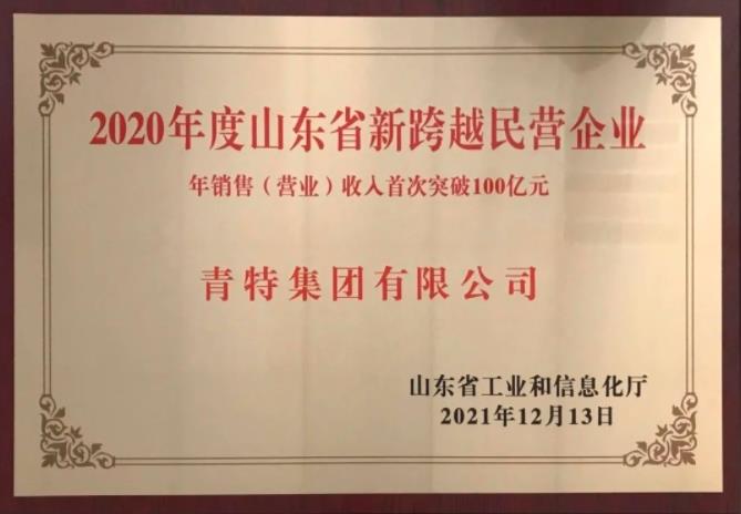 青特集团获颁“2020年度山东省新跨越民营企业”奖